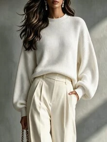 SHEIN LUNE Drop Shoulder Ribbed Knit Jumper - White - View 8