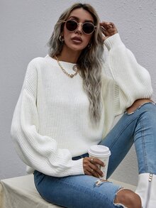 SHEIN LUNE Drop Shoulder Ribbed Knit Jumper - White - View 3