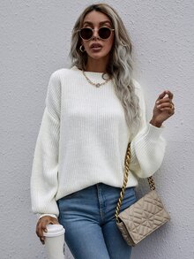 SHEIN LUNE Drop Shoulder Ribbed Knit Jumper - White - View 7