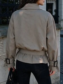 SHEIN Jaket Musim Gugur/Dingin Terbaru yang Modis dengan Kerah Oversized, Kancing Ganda, dan Sabuk, Jaket Musim Gugur/Dingin, Jaket untuk Perjalanan, Jaket Longgar dengan Manset Berkerut yang Dapat Disesuaikan dan Mengencangkan Pinggang - Light Grey - View 3