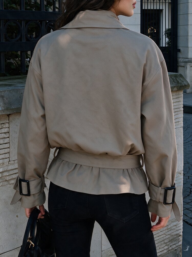 SHEIN Jaket Musim Gugur/Dingin Terbaru yang Modis dengan Kerah Oversized, Kancing Ganda, dan Sabuk, Jaket Musim Gugur/Dingin, Jaket untuk Perjalanan, Jaket Longgar dengan Manset Berkerut yang Dapat Disesuaikan dan Mengencangkan Pinggang - Light Grey - View 2