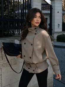 SHEIN Jaket Musim Gugur/Dingin Terbaru yang Modis dengan Kerah Oversized, Kancing Ganda, dan Sabuk, Jaket Musim Gugur/Dingin, Jaket untuk Perjalanan, Jaket Longgar dengan Manset Berkerut yang Dapat Disesuaikan dan Mengencangkan Pinggang - Light Grey - View 5