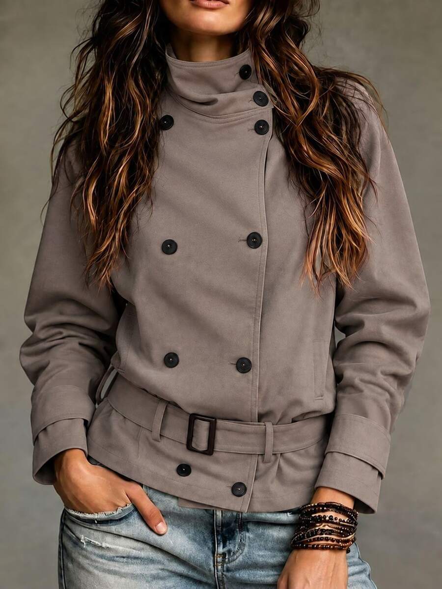 SHEIN Jaket Musim Gugur/Dingin Terbaru yang Modis dengan Kerah Oversized, Kancing Ganda, dan Sabuk, Jaket Musim Gugur/Dingin, Jaket untuk Perjalanan, Jaket Longgar dengan Manset Berkerut yang Dapat Disesuaikan dan Mengencangkan Pinggang