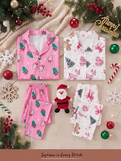 Tween Girl Autumn/Winter Pajamas Christmas Tree Bow 2pcs Button-Down Long Sleeve Pants Print