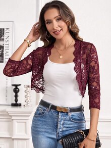 SHEIN Clasi Jaket Wanita Ringan Model Crop Lengan 3/4 Berenda, Terbuka di Depan, Cocok untuk Pernikahan, Makan Malam, Kencan, Warna Burgundy, Musim Gugur, Elegan - Burgundy - View 7