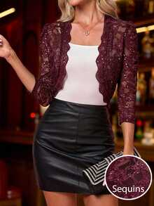 SHEIN Clasi Jaket Wanita Ringan Model Crop Lengan 3/4 Berenda, Terbuka di Depan, Cocok untuk Pernikahan, Makan Malam, Kencan, Warna Burgundy, Musim Gugur, Elegan - Burgundy - View 1