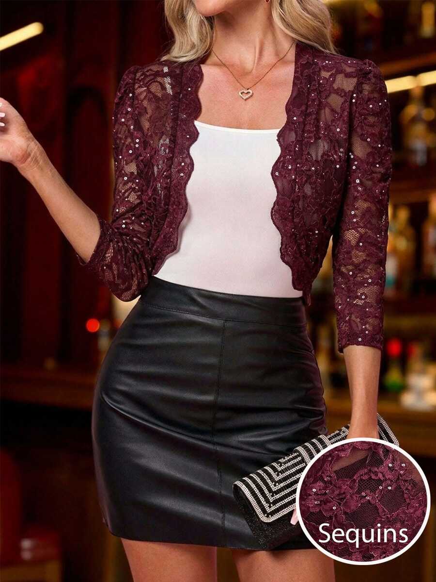 SHEIN Clasi Jaket Wanita Ringan Model Crop Lengan 3/4 Berenda, Terbuka di Depan, Cocok untuk Pernikahan, Makan Malam, Kencan, Warna Burgundy, Musim Gugur, Elegan - Burgundy - View 1