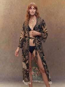 SHEIN Swim 2026新款女士印花网纱长款沙滩和服罩衫，优雅休闲 - 彩色 - 查看 1