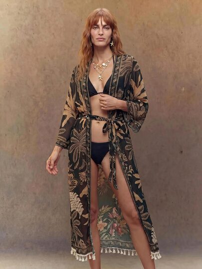 SHEIN Swim 2026 New Women's Printed Mesh Long Beach Kimono Cover Up, Elegant Casual