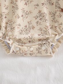 SHEIN 女嬰秋季棕色與白色波點韓風彼得潘領碎花長袖貼身連身衣，拍照用可愛趣味家庭套裝 - 杏色 - 查看 7