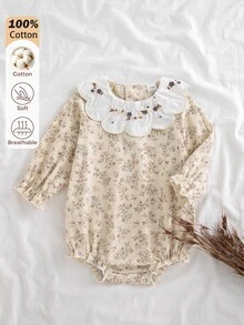 SHEIN 女嬰秋季棕色與白色波點韓風彼得潘領碎花長袖貼身連身衣，拍照用可愛趣味家庭套裝 - 杏色 - 查看 3