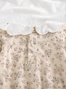 SHEIN 女嬰秋季棕色與白色波點韓風彼得潘領碎花長袖貼身連身衣，拍照用可愛趣味家庭套裝 - 杏色 - 查看 9