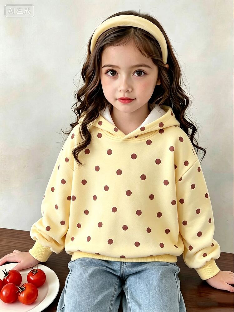 Girls Vintage Casual Yellow Polka Dot Print Long Sleeve Pullover Sweatshirt, Toddler Sweet Casual Top Autumn Winter - Multicolor - View 4