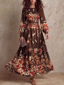 Balvessa 復古藝術花卉印花優雅時尚收腰顯瘦A字通勤女裝洋裝 - 彩色 - 查看 5