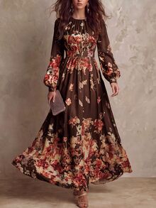 Balvessa 復古藝術花卉印花優雅時尚收腰顯瘦A字通勤女裝洋裝 - 彩色 - 查看 4