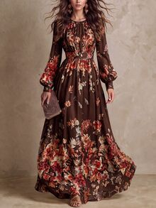 Balvessa 復古藝術花卉印花優雅時尚收腰顯瘦A字通勤女裝洋裝 - 彩色 - 查看 1