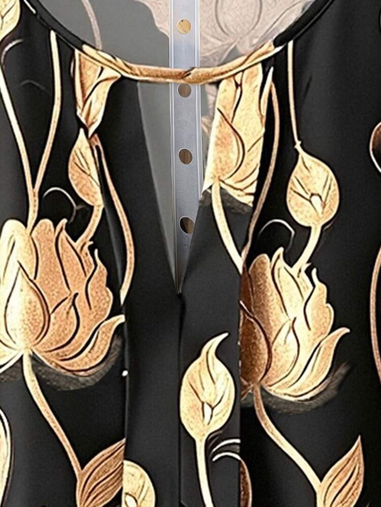 Linhara Plus Size Women Elegant Gold Floral Print Blouse, Round Neck Small Slit Lantern Long Sleeve Shirt, Loose Faux Satin Casual & Party Dual Use Top, Suitable For Parties And Daily Wear - Gold - View 5