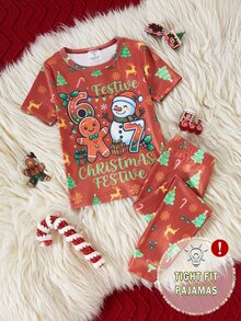 Girls Toddler Short Sleeve & Long Pants 2 Pieces Set, Glow-In-The-Dark Christmas Snowman Print, Simple Fitted Loungewear, Soft & Comfortable Fabric, Perfect Gift For Girls - Red - View 7