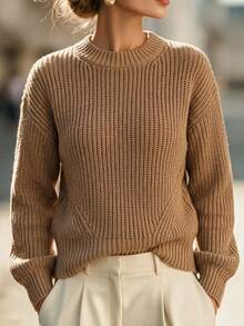 SHEIN Crew Neck Short Loose Fit Pullover Sweater, Autumn/Winter Work Brunch Everyday Khaki French Casual - Khaki - View 1
