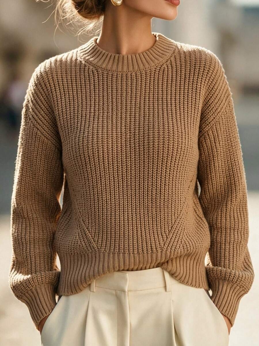 SHEIN Crew Neck Short Loose Fit Pullover Sweater, Autumn/Winter Work Brunch Everyday Khaki French Casual - Khaki - View 1