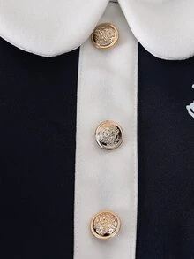 SHEIN 女童彼得潘領海軍藍長袖學院風公主仙女洋裝，白色小馬圖案印花、金色鈕扣，適合7歲生日、婚禮、秋季風格 - 藏蓝色 - 查看 8