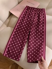 SHEIN 女童波點側條紋寬腿褲套裝，春秋幼兒休閒寬鬆褲，鬆緊腰軟綿時尚女童下裝套裝 - 酒紅色 - 查看 3