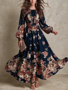 Balvessa Gaun Wanita Model A-Line Elegan Bermotif Bunga Retro Vintage, Modis, Memperindah Bentuk Pinggang, dan Pas di Pinggang, Cocok untuk Bepergian. - MultiWarna - View 4