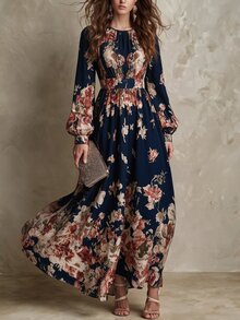 Balvessa Gaun Wanita Model A-Line Elegan Bermotif Bunga Retro Vintage, Modis, Memperindah Bentuk Pinggang, dan Pas di Pinggang, Cocok untuk Bepergian. - MultiWarna - View 1