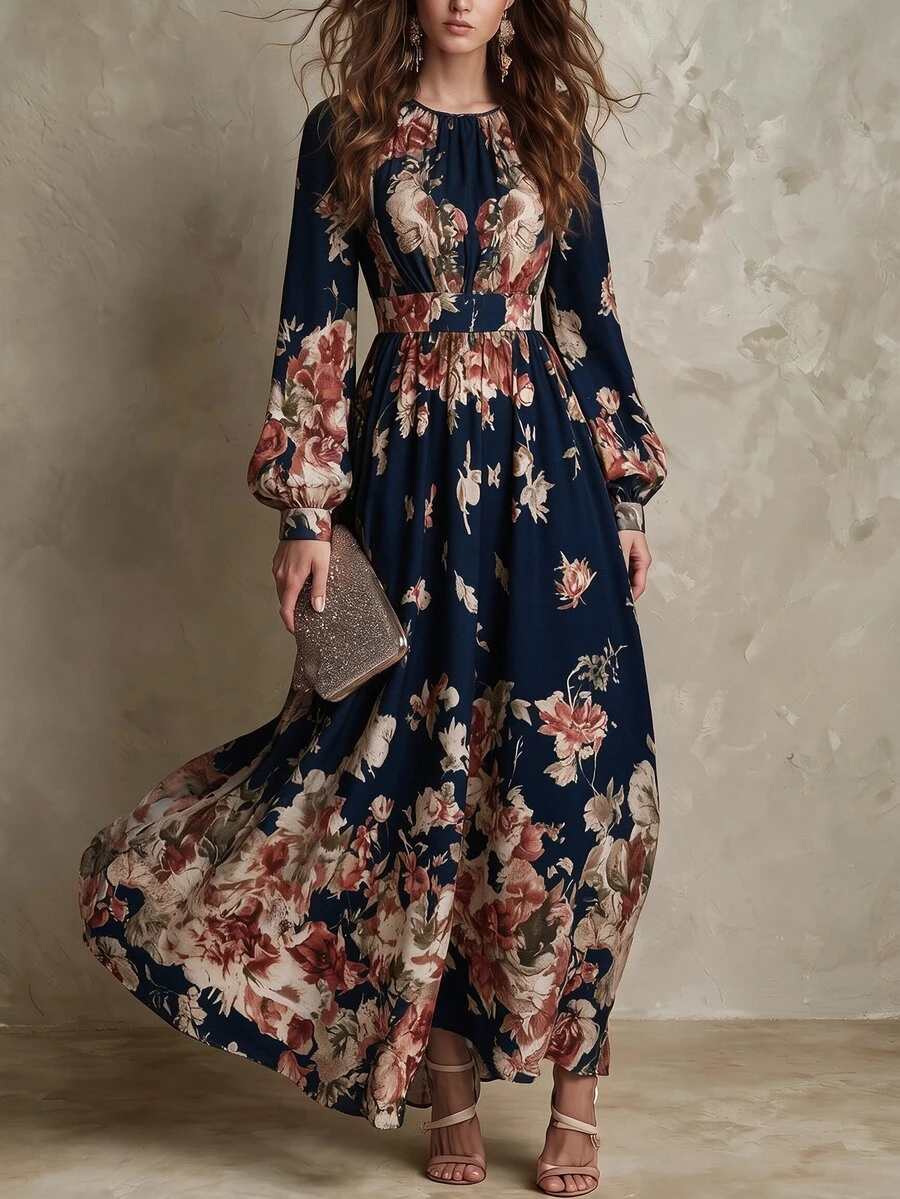 Balvessa Gaun Wanita Model A-Line Elegan Bermotif Bunga Retro Vintage, Modis, Memperindah Bentuk Pinggang, dan Pas di Pinggang, Cocok untuk Bepergian. - MultiWarna - View 1