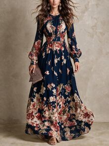 Balvessa Gaun Wanita Model A-Line Elegan Bermotif Bunga Retro Vintage, Modis, Memperindah Bentuk Pinggang, dan Pas di Pinggang, Cocok untuk Bepergian. - MultiWarna - View 6