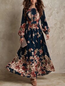 Balvessa Gaun Wanita Model A-Line Elegan Bermotif Bunga Retro Vintage, Modis, Memperindah Bentuk Pinggang, dan Pas di Pinggang, Cocok untuk Bepergian. - MultiWarna - View 5