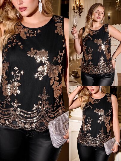 Vintamour Top sin mangas elegante vintage para mujer talla grande con bordado floral de lentejuelas brillantes, para fiesta de vacaciones, cóctel y noche, negro y dorado, otoño e invierno