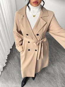 Elenzga Mantel Trench Khaki Kancing Ganda Elegan untuk Wanita Ukuran Plus, Jaket Musim Semi/Musim Gugur Panjang Sedang - Aprikot - View 4