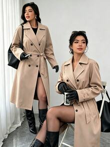 Elenzga Mantel Trench Khaki Kancing Ganda Elegan untuk Wanita Ukuran Plus, Jaket Musim Semi/Musim Gugur Panjang Sedang - Aprikot - View 1