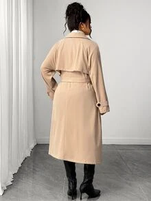 Elenzga Mantel Trench Khaki Kancing Ganda Elegan untuk Wanita Ukuran Plus, Jaket Musim Semi/Musim Gugur Panjang Sedang - Aprikot - View 2