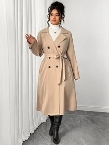 Elenzga Mantel Trench Khaki Kancing Ganda Elegan untuk Wanita Ukuran Plus, Jaket Musim Semi/Musim Gugur Panjang Sedang - Aprikot - View 6