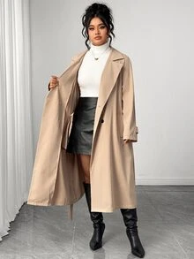Elenzga Mantel Trench Khaki Kancing Ganda Elegan untuk Wanita Ukuran Plus, Jaket Musim Semi/Musim Gugur Panjang Sedang - Aprikot - View 10