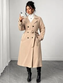 Elenzga Mantel Trench Khaki Kancing Ganda Elegan untuk Wanita Ukuran Plus, Jaket Musim Semi/Musim Gugur Panjang Sedang - Aprikot - View 5
