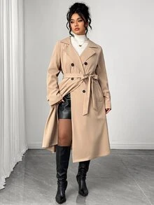 Elenzga Mantel Trench Khaki Kancing Ganda Elegan untuk Wanita Ukuran Plus, Jaket Musim Semi/Musim Gugur Panjang Sedang - Aprikot - View 9