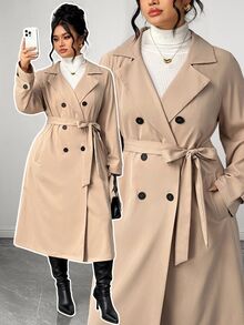 Elenzga Mantel Trench Khaki Kancing Ganda Elegan untuk Wanita Ukuran Plus, Jaket Musim Semi/Musim Gugur Panjang Sedang - Aprikot - View 3