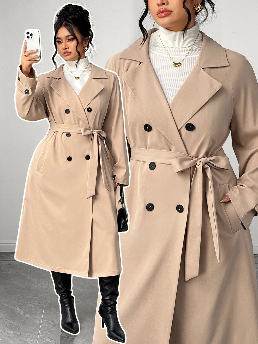 Elenzga Plus Size Women's Fashion Elegant Commute Khaki Double-Breasted Trench Coat, Mid-Length Spring/Autumn Jacket - Apricot - View 1