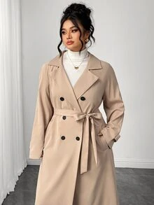 Elenzga Mantel Trench Khaki Kancing Ganda Elegan untuk Wanita Ukuran Plus, Jaket Musim Semi/Musim Gugur Panjang Sedang - Aprikot - View 7