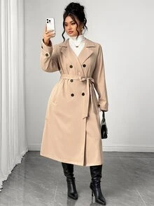 Elenzga Mantel Trench Khaki Kancing Ganda Elegan untuk Wanita Ukuran Plus, Jaket Musim Semi/Musim Gugur Panjang Sedang - Aprikot - View 8
