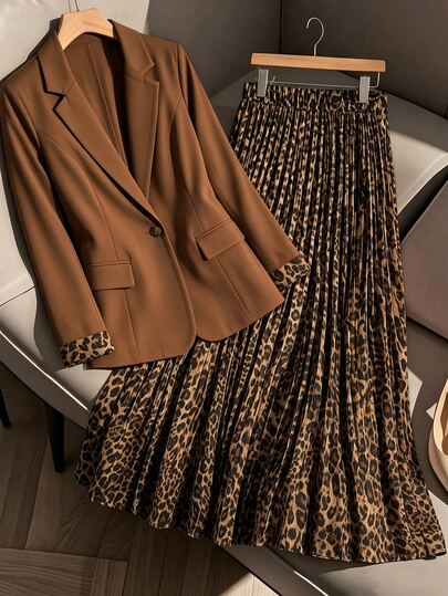 GlowEve CURVE Plus-Size Women's Lapel Long-Sleeved Blazer Paired Withaleopardprintskirtsuitablefotheofficeeveningpartiesandotheroccasionswomen'sautumn Clothing.
