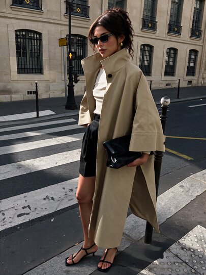 SHEIN Franclia Fashionable New Autumn/Winter Stand Collar Single Button Raglan Sleeve Long Khaki Trench Coat, Commuter Jacket, Travel Jacket, Loose Straight Leg Flattering Side Slit Casual Long Coat