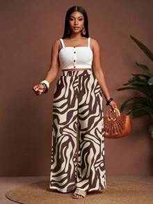 Slaydiva Plus Size Brown Zebra Print Wide Leg Pants, Autumn/Winter - Multicolor - View 4