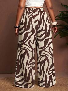 Slaydiva Plus Size Brown Zebra Print Wide Leg Pants, Autumn/Winter - Multicolor - View 2