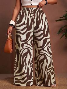 Slaydiva Plus Size Brown Zebra Print Wide Leg Pants, Autumn/Winter - Multicolor - View 3