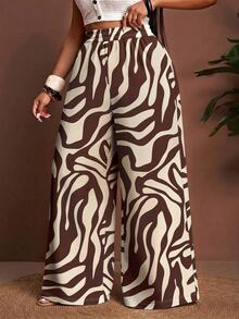 Slaydiva Plus Size Brown Zebra Print Wide Leg Pants, Autumn/Winter - Multicolor - View 5