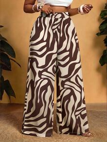 Slaydiva Plus Size Brown Zebra Print Wide Leg Pants, Autumn/Winter - Multicolor - View 1